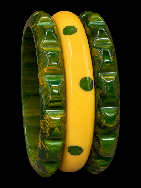 yellow with green up and down mini dot bakelite bangle